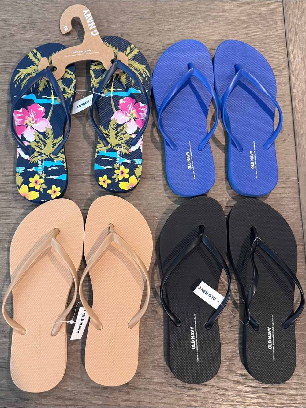 NWT Old Navy Flip Flop Bundle - Floral, Blue, Tan, Black - Size 8